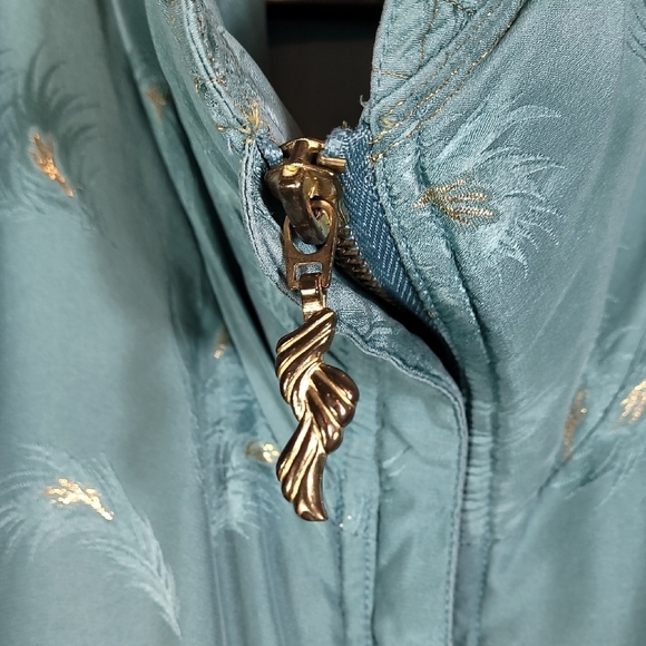 Vintage 80s 100% Silk Bomber Jacket XL Teal Gold Feather Embroidered Zip - Picture 8 of 16